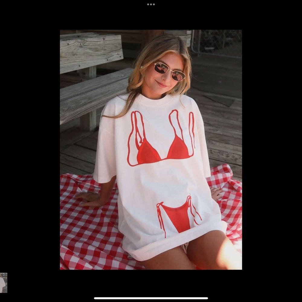Red and White Graphic Swim Cover-Up